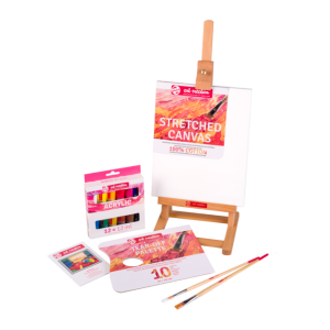 Conjunto de  cavalete + acrilicos + paleta + pinceis + tela